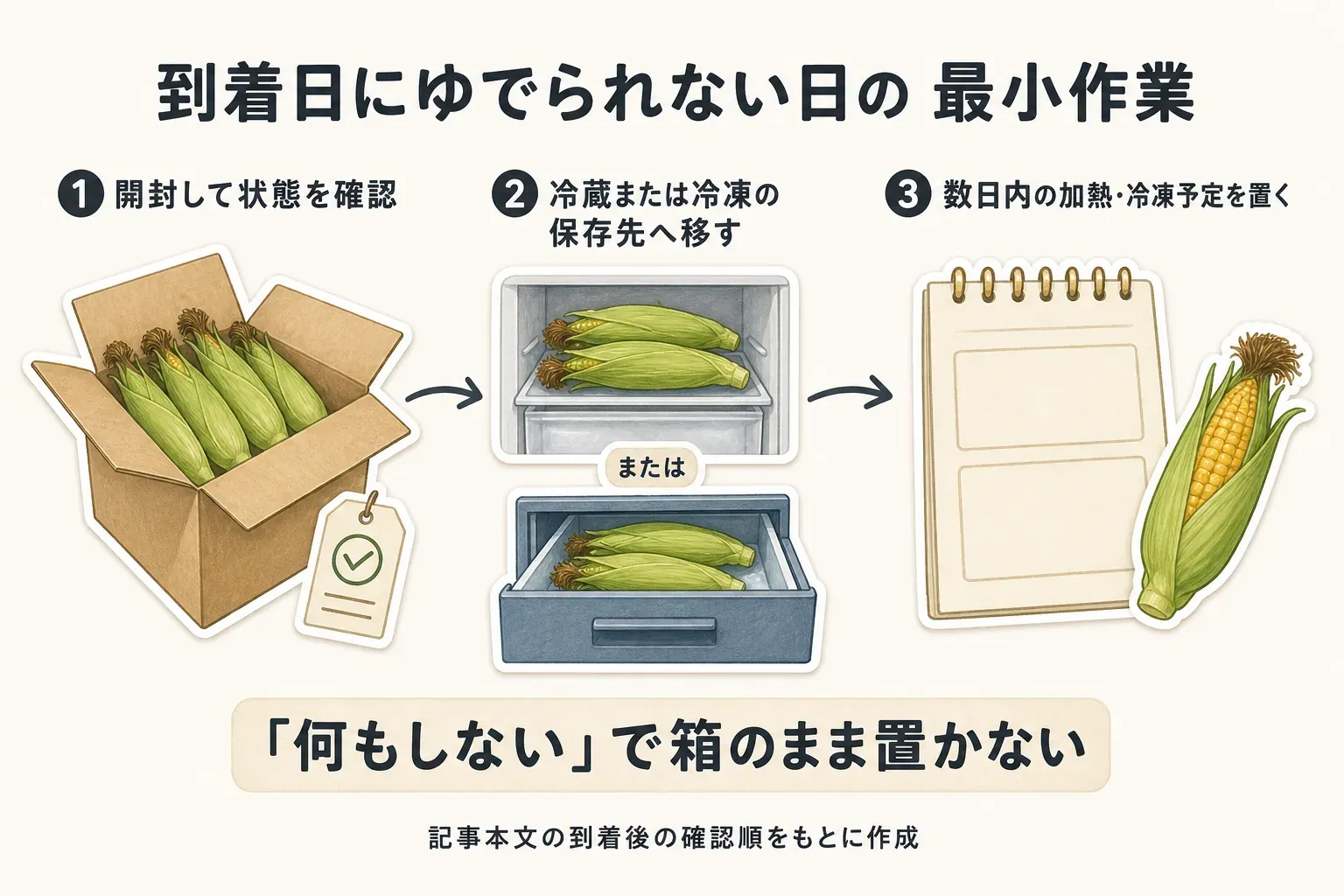 届いた日にとうもろこしをゆでられない人の確認手順を示す図。発送予定期間の受取り可否を確認し、野菜室・冷蔵室・冷凍室に皮付きのまま置く場所を空け、商品表示の保存案内を確認して、数日内にゆでる・食べる・冷凍する日を予定表に置き、予定を置けない場合は最少本数または別の週の返礼品を選ぶ流れ。記事本文の申込み前の確認手順をもとに作成。