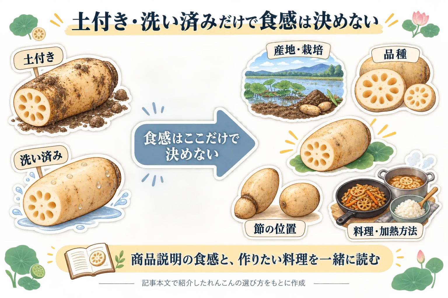 土付き・洗い済みだけではれんこんの食感を決めず、産地・栽培、品種、節の位置、料理・加熱方法も併せて見ることを、土付きと洗い済みのれんこんの絵で示す図。記事本文で紹介したれんこんの選び方をもとに作成。