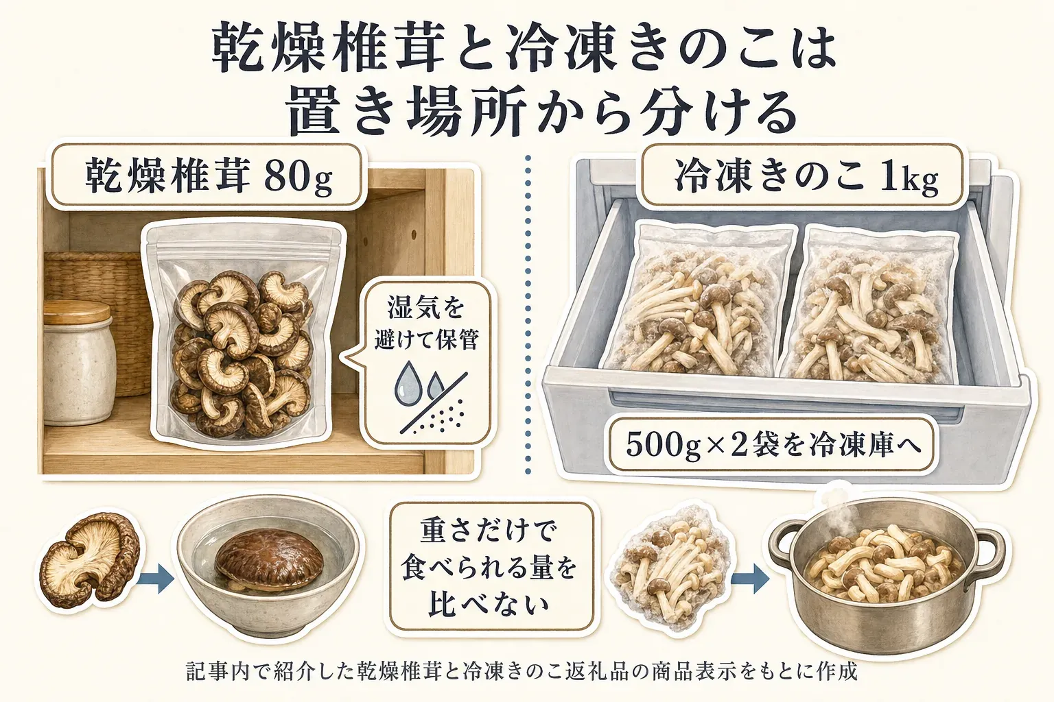 乾燥椎茸80gは湿気を避けられる棚に保管し、冷凍きのこ1kgは500g×2袋を冷凍庫へ入れる置き場所の違いを示す図。乾燥品は水で戻し、冷凍品は加熱して使うため、重さだけで食べられる量を比べないよう案内する。記事内で紹介した乾燥椎茸と冷凍きのこ返礼品の商品表示をもとに作成。