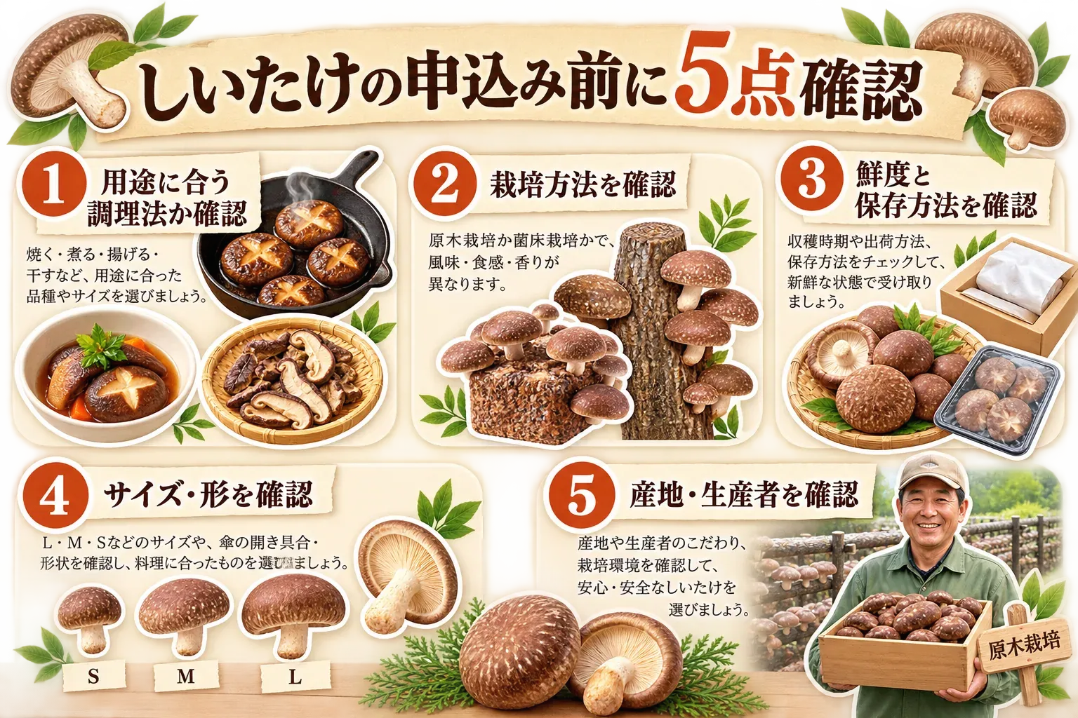 しいたけを申込む前に、用途に合う調理法、原木栽培か菌床栽培か、鮮度と保存方法、傘のサイズ・形、産地・生産者を5項目で確認する図。記事本文をもとに作成。