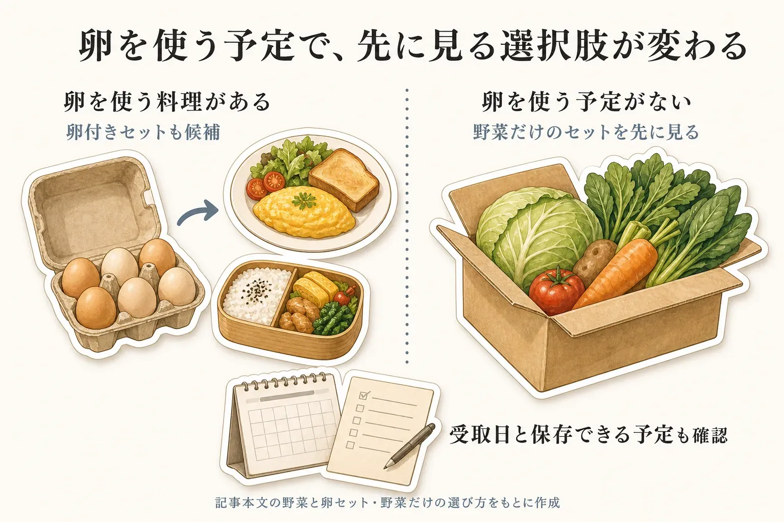 卵を使う料理がある場合は卵付きセットも候補にし、卵を使う予定がない場合は野菜だけのセットを先に見る選び方を、卵パック、料理、野菜箱、受取日と保存予定のカレンダーで示す図。記事本文をもとに作成。