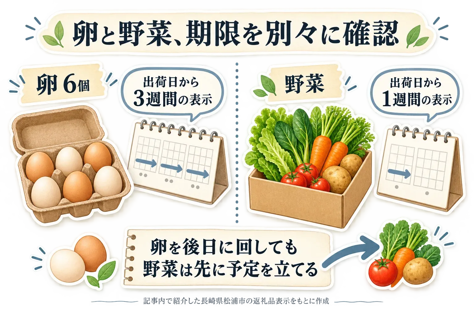 長崎県松浦市の返礼品表示をもとに、卵6個は出荷日から3週間、野菜は出荷日から1週間の表示であり、卵を後日に回しても野菜は先に食べる予定を立てることを示す図。