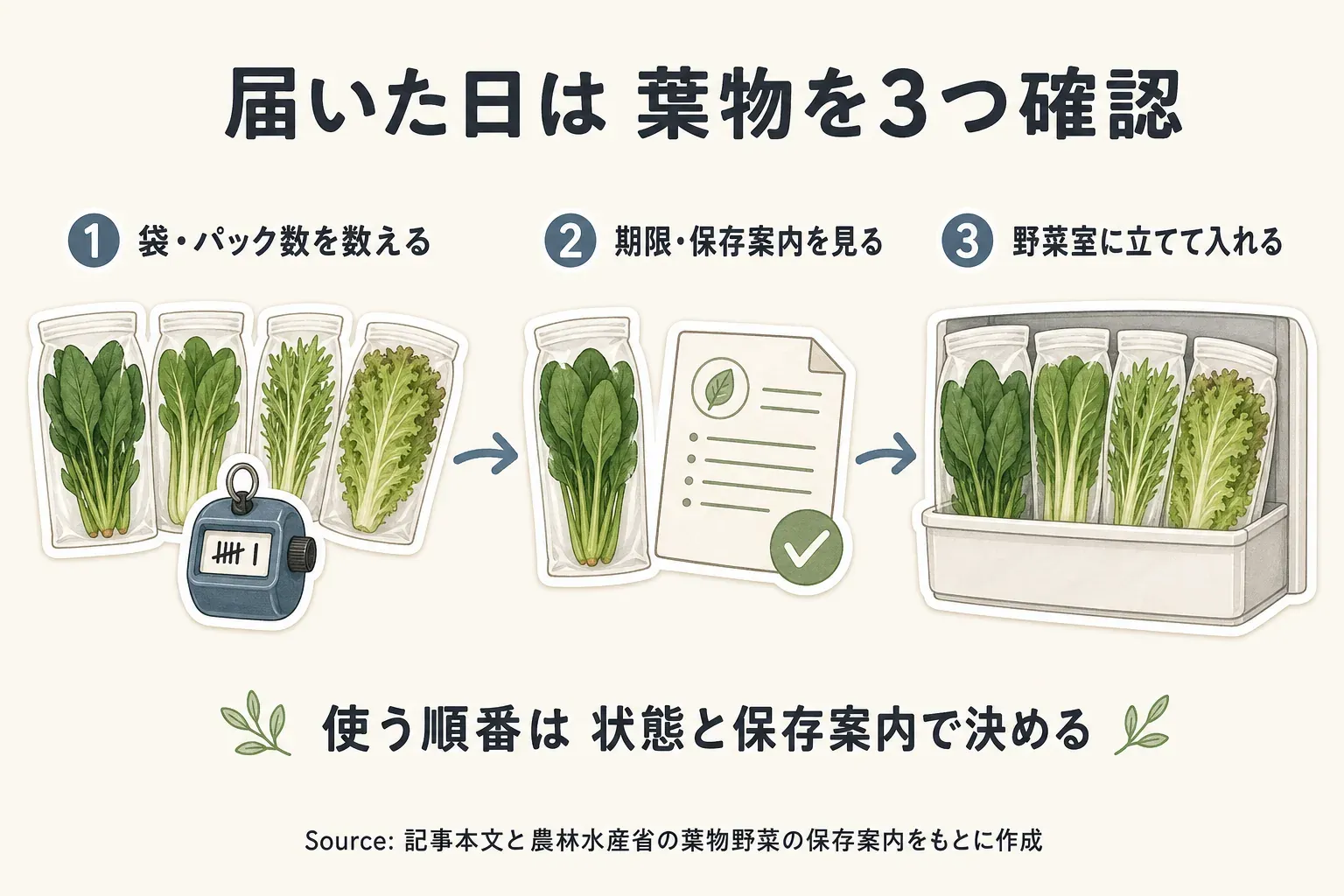 葉物野菜セットが届いた日に、箱を開けて袋・パック数と傷みを確認し、野菜室に立てて入る場所を確保して、商品表示の期限を見ながら使う順番を決める流れを示す図。農林水産省の葉物野菜の保存案内を参考に作成。