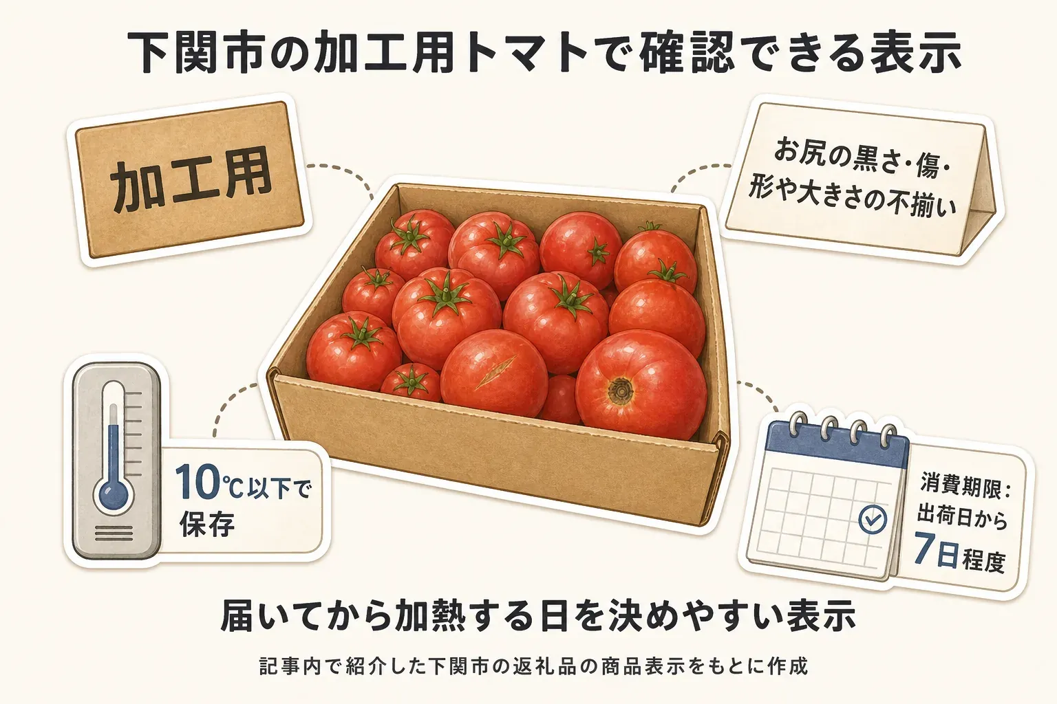 下関市の加工用訳ありトマトについて、加工用、お尻の黒さ・傷・形や大きさの不揃い、10℃以下で保存、消費期限は出荷日から7日程度という商品表示を示す図。記事内で紹介した下関市返礼品の商品表示をもとに作成。